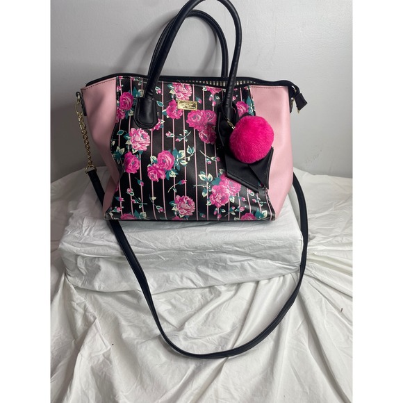 Betsey Johnson Satchel Bag Pink Black Floral Print Top Handle Crossbody Charm - Picture 5 of 12